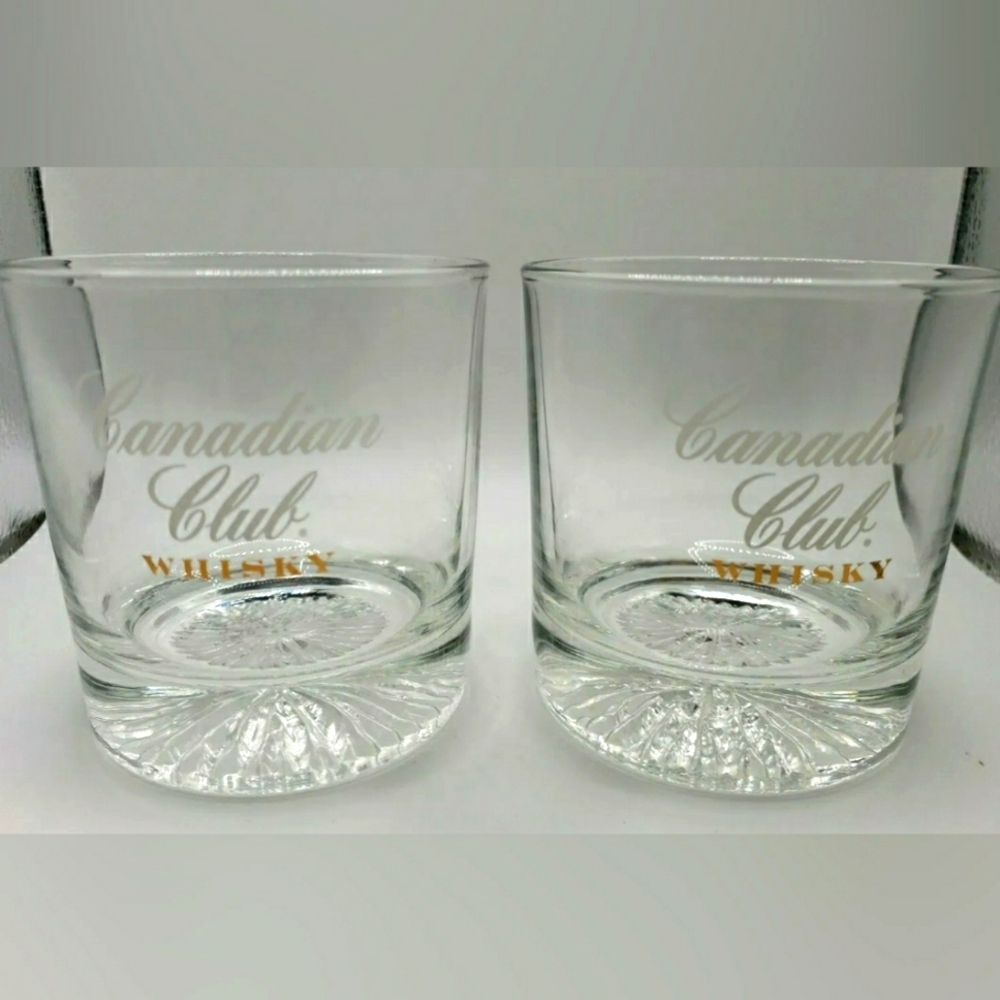 2 RARE Canadian Club Whiskey Weighted Bottom Rocks Lowball Bourbon Glasses Spain
